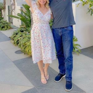 Floral Dress w/ V Neck, Ruffle Sleeves & Faux Wrap